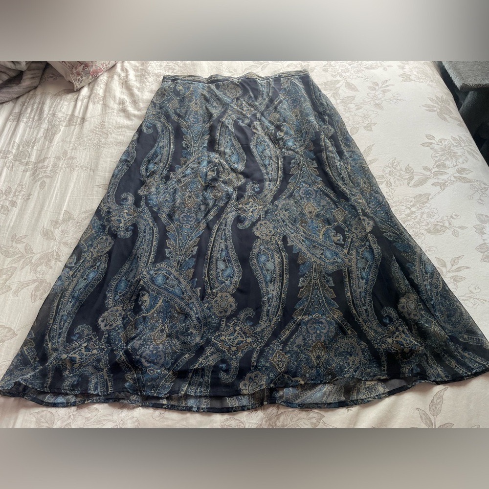 Vintage Blue Paisley Chiffon Midi Skirt‎ 18 Boho Y2K Phoebe Buffay Dark Romantic